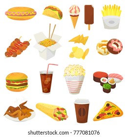 Fast food vector hamburger or cheeseburger with chicken wings and eating junk fast food snacks burger or sandwich with soda drink ice cream or donut illustration isolated on white background