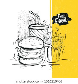 Fast food vector hand drawn set. Engraved style junk food illustration. Burger, soda and potato drawing. Great for label, menu, poster, banner, voucher, coupon, business promote