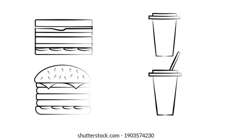 Fast food vector hand drawn set. Engraved style junk food illustration. Burger, hot dog, pizza, french fries and soda drawing. Great for label, menu, poster, banner, voucher, coupon, business promote