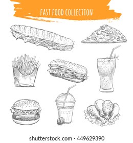 Fast food vector. Hand drawn sketch illustration of street food. French baguette, slice of pizza, fried potatoes fries, hamburger, cheese burger, sandwich, chicken legs, milkshake, cola glass