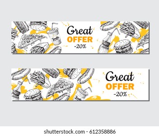 Fast food vector hand drawn banner.  Hand drawn junk food special offer illustration. Soda, hot dog, pizza, burger and french fries drawing. Great for label, menu, poster, voucher, coupon