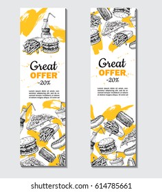 Fast food vector hand drawn banner.  Hand drawn junk food special offer illustration. Soda, hot dog, pizza, burger and french fries drawing. Great for label, menu, poster, voucher, coupon