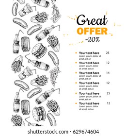 Fast food vector hand drawn menu. Hand drawn junk food stripe illustration. Soda, hot dog, pizza, burger and french fries drawing. Great for label, poster, voucher, coupon