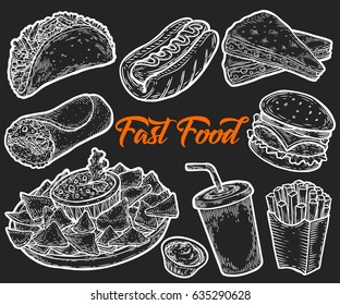 Fast food vector hand drawn set engraving illustration. Other types of fat junk food. Gluten hot dog, burger, tacos, burrito, fries potatoes, tortilla, fajitas engraved. Isolated on black background.