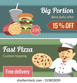 Fast food vector horizontal banner set with hamburger, chef, pizza and text design-elements like discounts, description etc