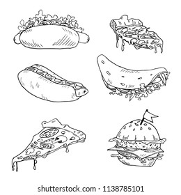 Fast food in a vector. Hot dog with mustard, sausage in the dough. Salad. Burger with a double frying pan. Meat and potatoes. Taco with meat. Pizza with mushrooms, olives.