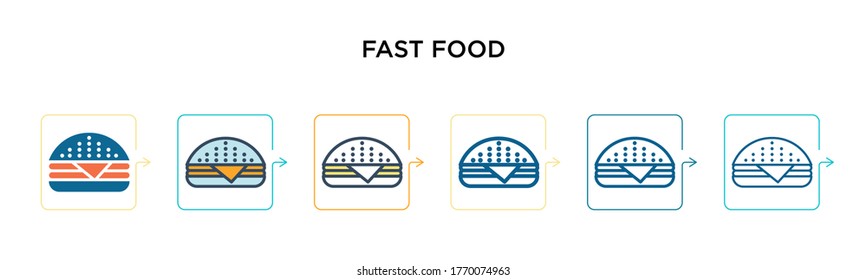 Fast food vector icon in 6 different modern styles. Black, two colored fast food icons designed in filled, outline, line and stroke style. Vector illustration can be used for web, mobile, ui