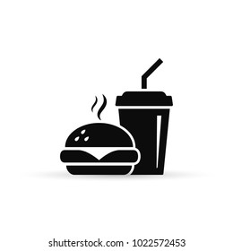Fast Food Vector Icon. Burger And Soda Or Cola Drink Silhouette, Isolated Symbol.