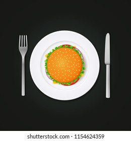 Fast food vector icon. Burger on a plate with fork and knife on a dark  background. Top view.