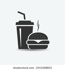 Fast food vector icon. Burger and soda or cola drink silhouette symbol. Vector illustration