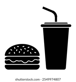 Fast food vector icon. Burger, cheeseburger, hamburger, and soda drink cup with straw. Black silhouette. Symbol of street food.