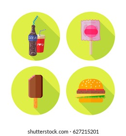 Fast food vector icon design. Flat illustration of unhealthy food, diet symbol or restaurant menu element. Soda, candy, ice-cream and hamburgers. 