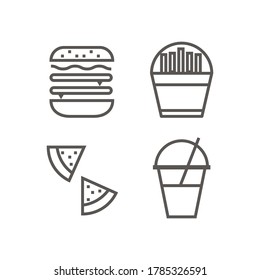 Icono del vector de comida rápida. Hamburguesa, pizza, patatas fritas y refrescos. 