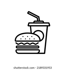 Icono del vector de comida rápida. Toma de hamburguesas y refrescos, icono de comida rápida, Esquema de diseño plano sobre fondo blanco, ilustración de vector