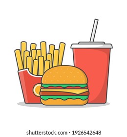 Fast Food Vector Icon Illustration. Burger With French Fries And Soda Flat Icon