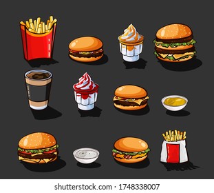 Fast food vector icon set. Cartoon style outline illustration. Traditional american fastfood.