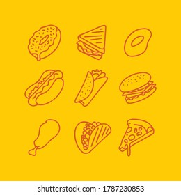 Fast food  vector icon set. Pizza, taco, hamburger, fries potatoes, ramen noodle soup, hot dog, popcorn, chicken leg
