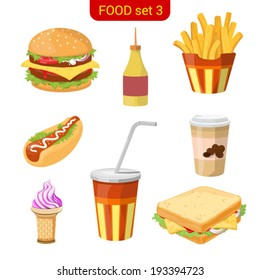 Fast food vector icon set. Burger, fried potato, hot dog, coffee, cola, ice cream, sandwich.  Food collection. High detail.