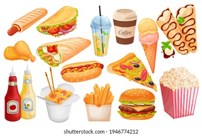 Fast food vector icon set. Crepes, hamburger, wok noodles, hot dog, shawarma, pizza and others for takeaway cafe design. Illustration of street food.