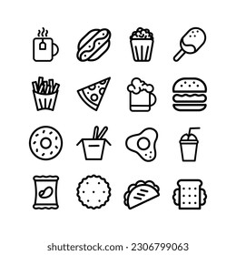 Fast food vector icon set with text. Pizza, taco, hamburger, fries potatoes, popcorn, ramen noodle soup, hot dog, popcorn, ice cream, chips, hot dog, donut, sandwich.