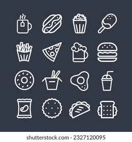 Fast food vector icon set with text. Pizza, taco, hamburger, fries potatoes, popcorn, ramen noodle soup, hot dog, popcorn, ice cream, chips, hot dog, donut, sandwich.