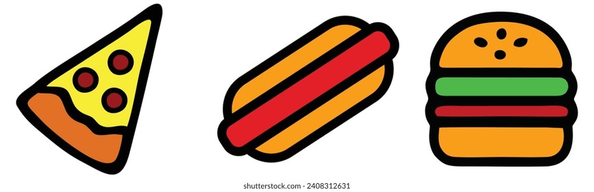 Fast food vector icon set. Pizza, taco, hamburger, fast food elements icon set.