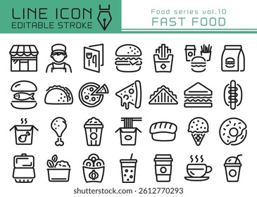 Fast food vector icon set. Editable line stroke.