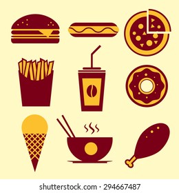 Fast food vector icon set. Burger, ice cream, coffee, chinese food, hotdog, donut, pizza, fried chicken, french fries.