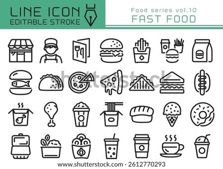 Fast food vector icon set. Editable line stroke.