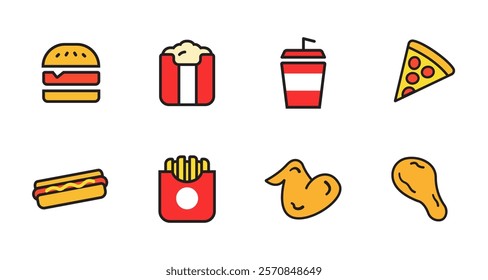 Fast food vector icon set.hamburger, fries potatoes, ,hot dog, popcorn, chicken, 