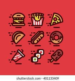 Fast food vector icons. Hamburger, french fries, pizza,  taco, hot dog, donut, fizzy water, sushi, ice cream.