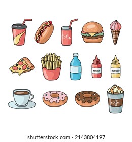 Fast-Food-Vektorsymbole. Einzeln auf weißem Hintergrund