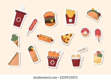 Fast food vector icons set. Set of fast food stickers. Hand drawn vector illustration.