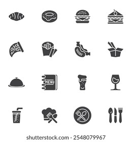 Fast food vector icons set, modern solid symbol collection, filled style pictogram pack. Signs, logo illustration. Set includes icons as burger, sandwich, food menu, soft drinks, beer, french fries