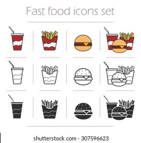 Fast food vector icons set. Color, linear and silhouette restaurant menu symbols isolated on white. Unhealthy eating clip art