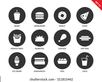 Fast food vector icons set. Eating and nutrition concept. Junk food items, hamburger, donut, pizza, fries, burritos, chicken, hotdog, ica cream, juice. Isolated on white background.