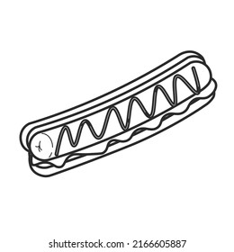 Fast food vector illustration of black outline hotdog with meat sausage, spicy hot ketchup sauce and vegetables so delicious in isolated white