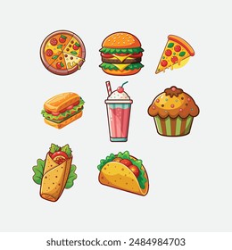 Fast food vector illustration for burger, pizza ,cake,sandwitch , Muffin, taco, 