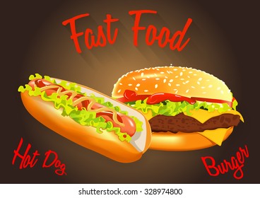 Fast food vector illustration. Burger and hot dog