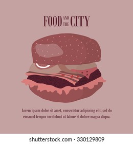 Fast food vector illustration with burger. Design elements for print, web, and other uses. Colorful stylish fast food icon on colored background with place for text and caption.