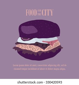 Fast food vector illustration with burger. Design elements for print, web, and other uses. Colorful stylish fast food icon on colored background with place for text and caption.