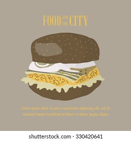 Fast food vector illustration with burger. Design elements for print, web, and other uses. Colorful stylish fast food icon on colored background with place for text and caption.