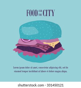 Fast food vector illustration with burger. Design elements for print, web, and other uses. Colorful stylish fast food icon on colored background with place for text and caption.