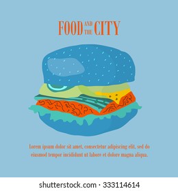 Fast food vector illustration with burger. Design elements for print, web, and other uses. Colorful stylish fast food icon on colored background with place for text and caption.