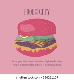 Fast food vector illustration with burger. Design elements for print, web, and other uses. Colorful stylish fast food icon on colored background with place for text and caption.