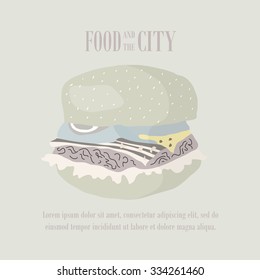 Fast food vector illustration with burger. Design elements for print, web, and other uses. Colorful stylish fast food icon on colored background with place for text and caption.