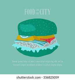 Fast food vector illustration with burger. Design elements for print, web, and other uses. Colorful stylish fast food icon on colored background with place for text and caption.