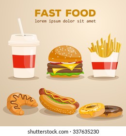 Fast food vector illustration. Burger, fried potato, hot dog, coffee, cola, sandwich, croissant, donut. Food collection.