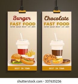 Fast food vector illustration. Burger, fried potato, hot dog, coffee, cola, sandwich, croissant, donut. Food collection.