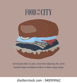 Fast food vector illustration with burger. Design elements for print, web, and other uses. Colorful stylish fast food icon on colored background with place for text and caption.